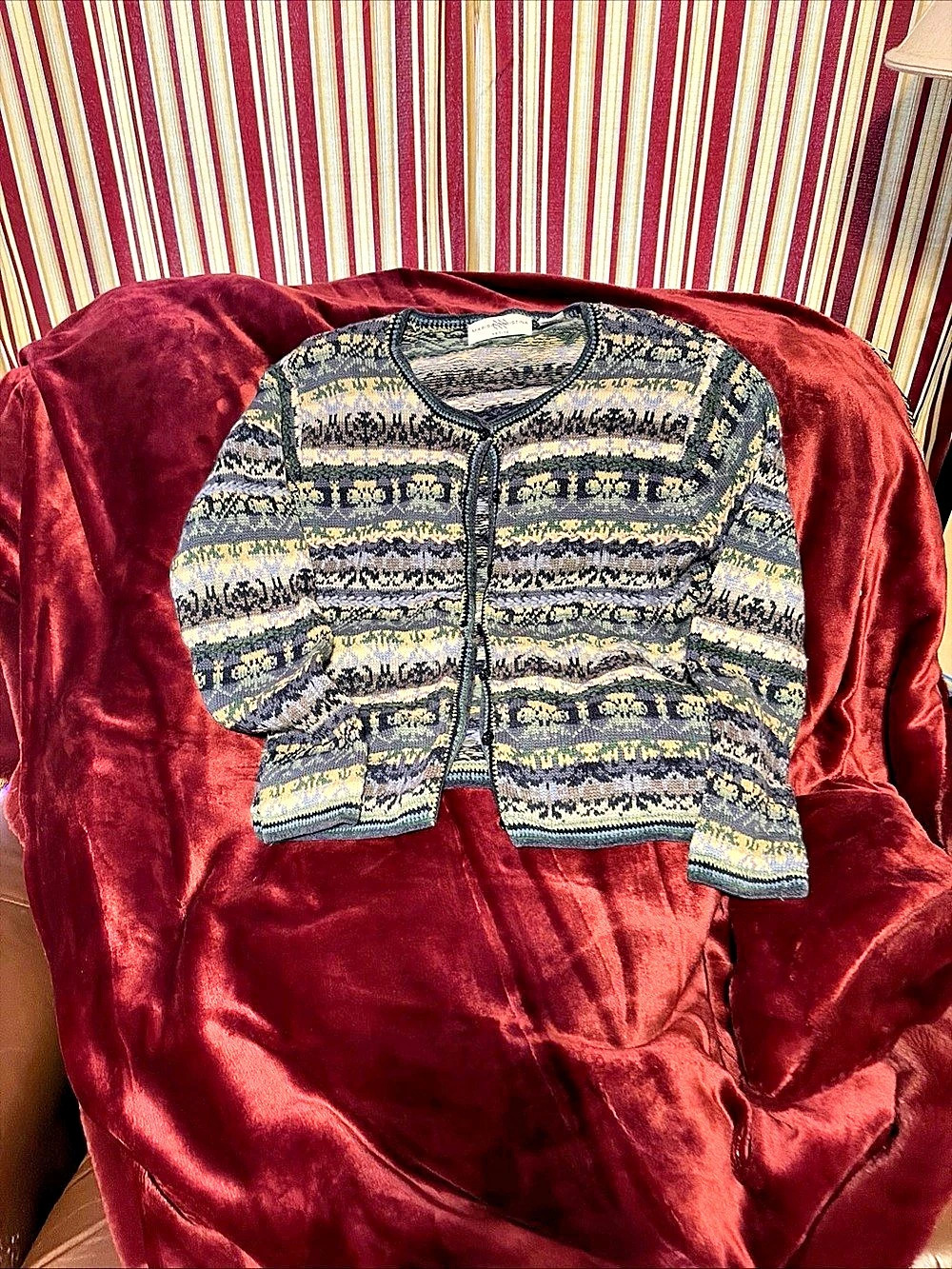 Marisa Christina Petite Small Abstract Knit Cardigan Green Black